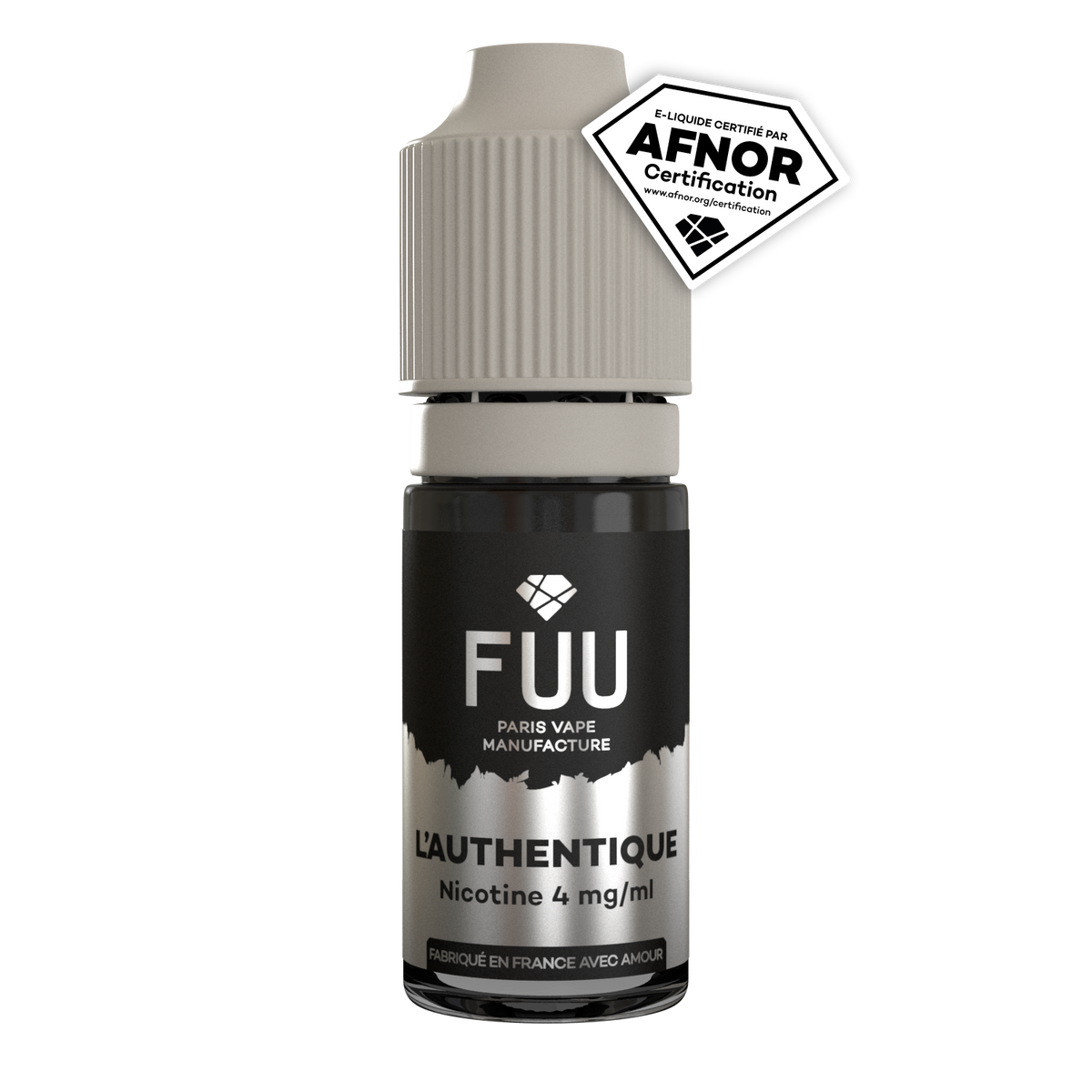 E-liquide FUU L'Authentique nicotine 4 mg/ml, flacon de vapotage fabriqué en France.